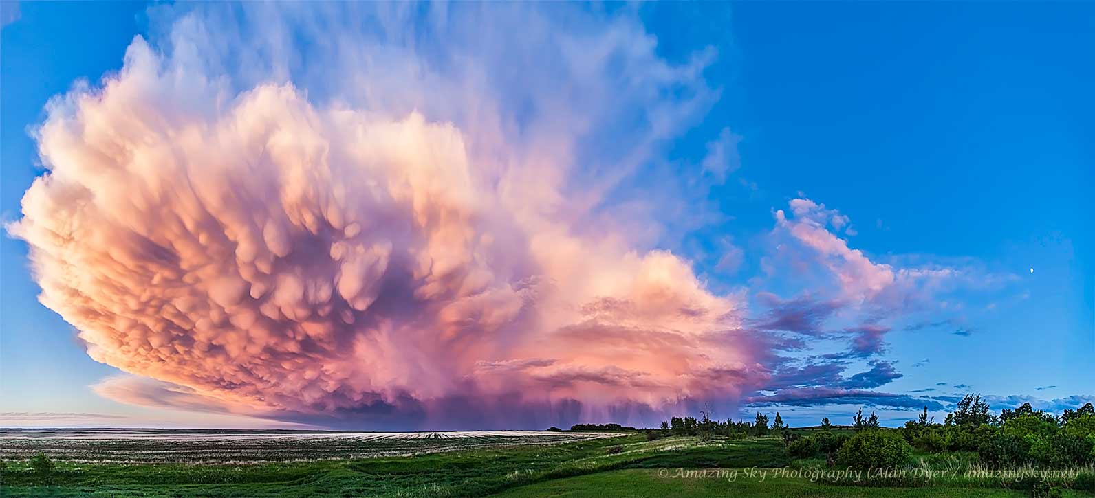 The featured image shows a cumulonimbus cloud retreating
at sunset in 2013 over Alberta, Canada. The large cloud exhibits
mammatus clouds at the near end and rain at the far end.
Please see the explanation for more detailed information.