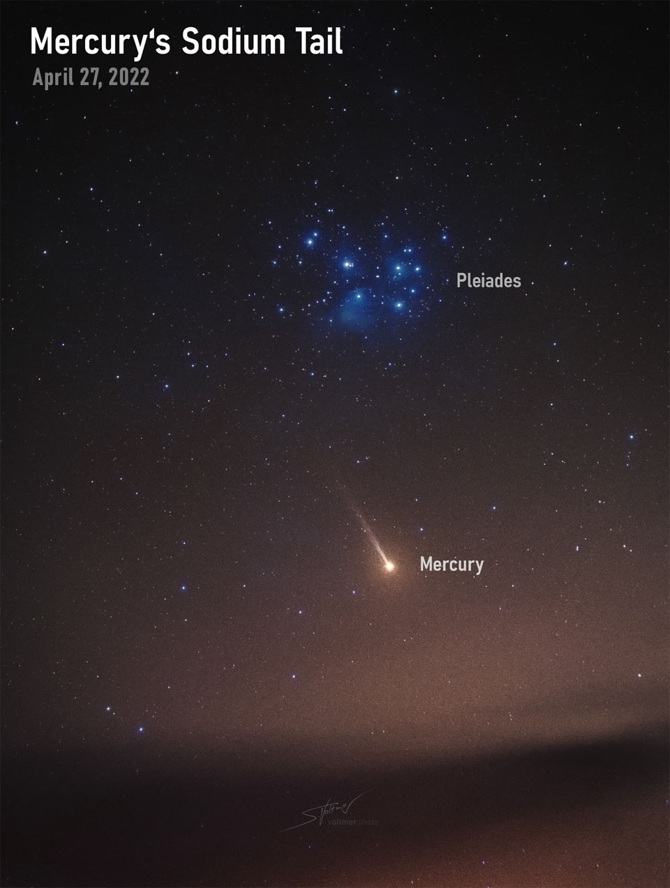 Opisywane zdjęcie pokazuje planetę Merkury pod gromadą otwartą gwiazd Plejady.
Zaskakująco Merkury wygląda jak kometa, popisując się długim warkoczem jonowym złożonym
z sodu. Zdjęcie wykonano 27 kwietnia 2022 r. Zobacz opis. Kliknięcie wyświetli obraz
 o największej dostępnej rozdzielczości.