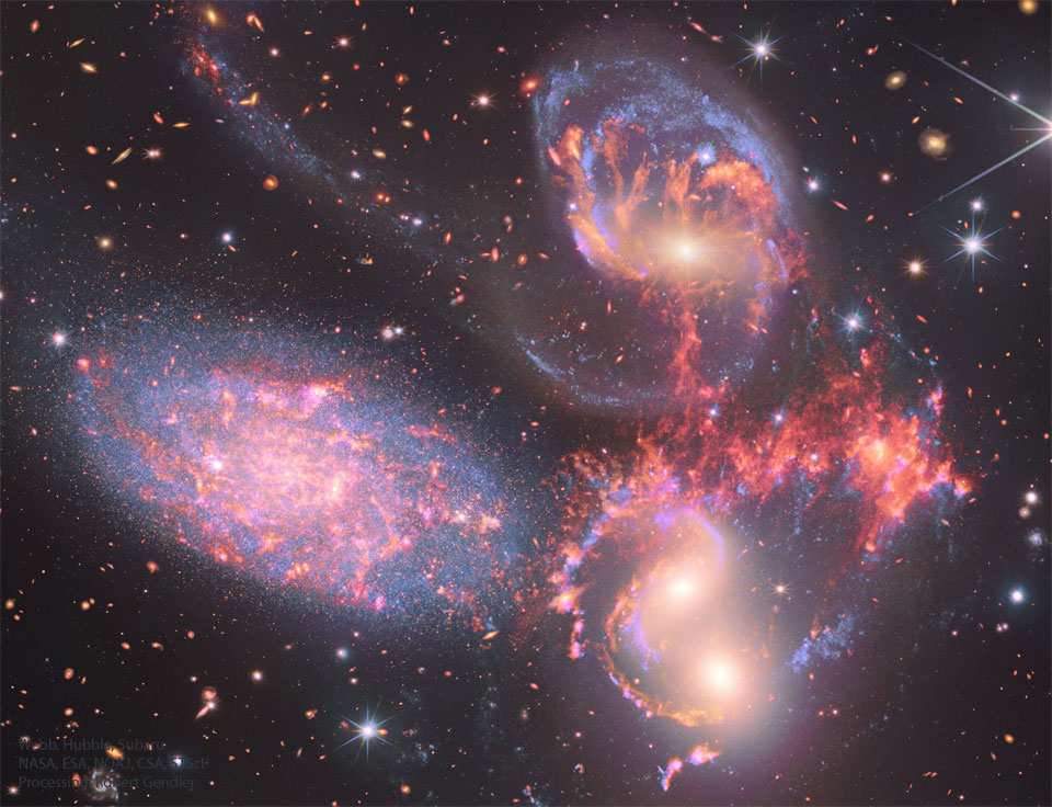 The featured image shows a grouping of four galaxies, some 
interacting, combining images from Webb, Hubble, and the Subaru telescope.
Please see the explanation for more detailed information.