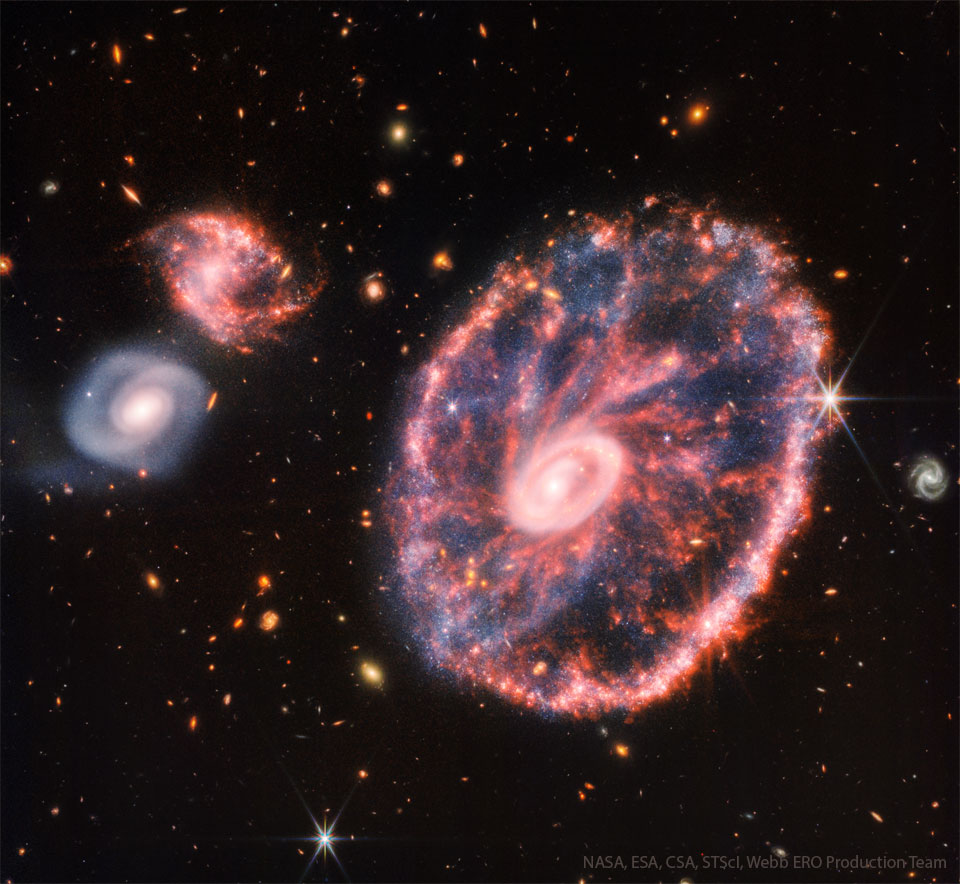 Prezentowane zdjęcie przedstawia oddziałującą galaktykę Koło Wozu, widzianą w zakresie optycznym oraz podczerwonym przez Kosmiczny Teleskop Webba.
Więcej szczegółowych informacji w opisie poniżej.