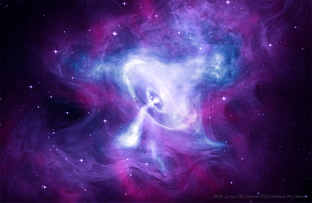 Prezentowane zdjęcie przedstawia centrum Mgławicy Krab w palecie barw używanej przez kosmiczne teleskopy Hubble'a, Spitzera oraz Chandra. 
Pulsar Kraba widoczny jest w samym środku, otoczony wirującym dyskiem. Więcej szczegółowych informacji w opisie poniżej.
