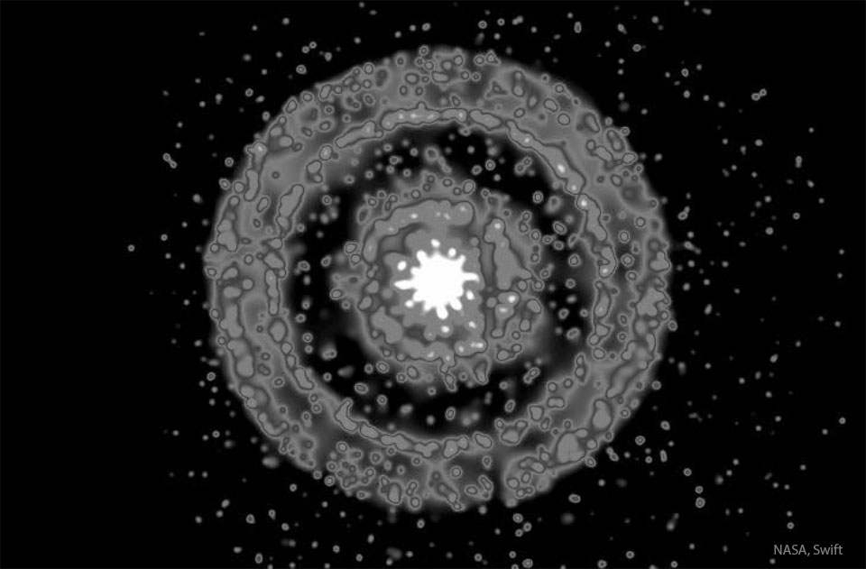 Prezentowane zdjęcie ukazuje pierścienie emisji rentgenowskiej otaczające obiekt GRB 221009A.
Więcej szczegółowych informacji w opisie poniżej.