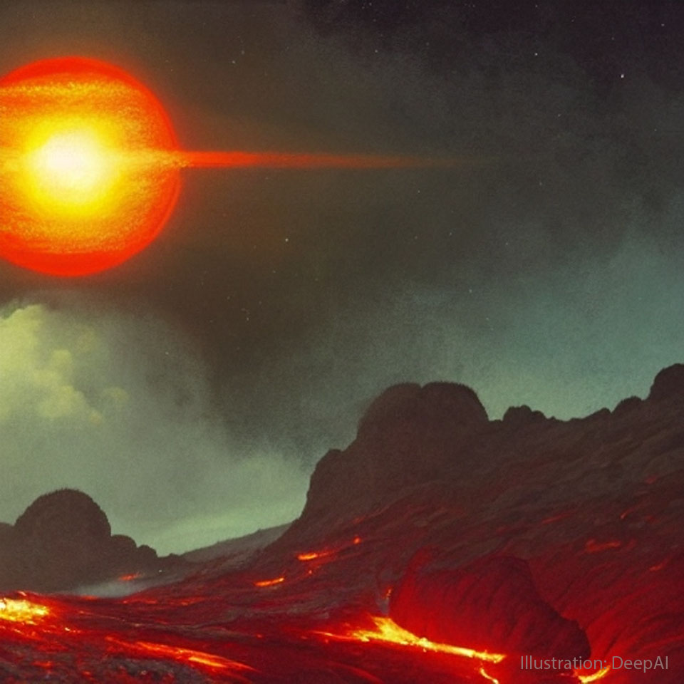 Ilustracja przedstawia powierzchnię planety, którą tworzą czerwone strumienie lawy oraz ciemne klify. W tle widoczna jest czerwona gwiazda.
Więcej szczegółowych informacji w opisie poniżej.