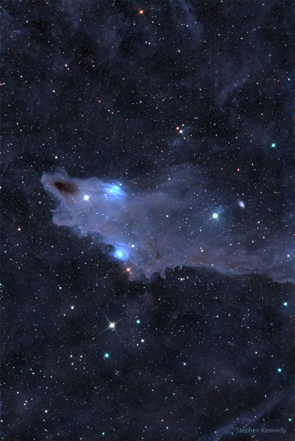 Na tle gwiazdowego pola widoczny jest ciemnobrązowy obłok, który wygląda niczym rekin, otoczony mniej wydatnymi, niebieskawymi mgławicami.
Więcej szczegółowych informacji w opisie poniżej.