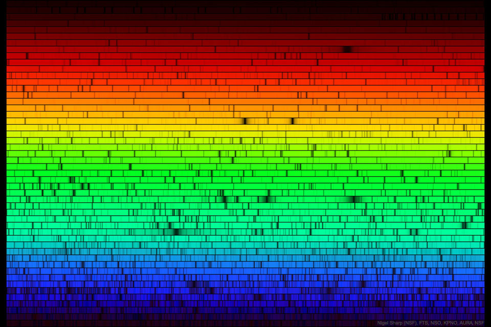 Na zdjęciu widoczna jest tęcza kolorów Słońca, od ciemnoczerwonego, u góry, po lewej, do ciemnoniebieskiego, u dołu, po prawej. 
W niektórych, poziomych liniach widnieją ciemne przerwy tam, gdzie brakuje kolorów. Więcej szczegółowych informacji w opisie poniżej.