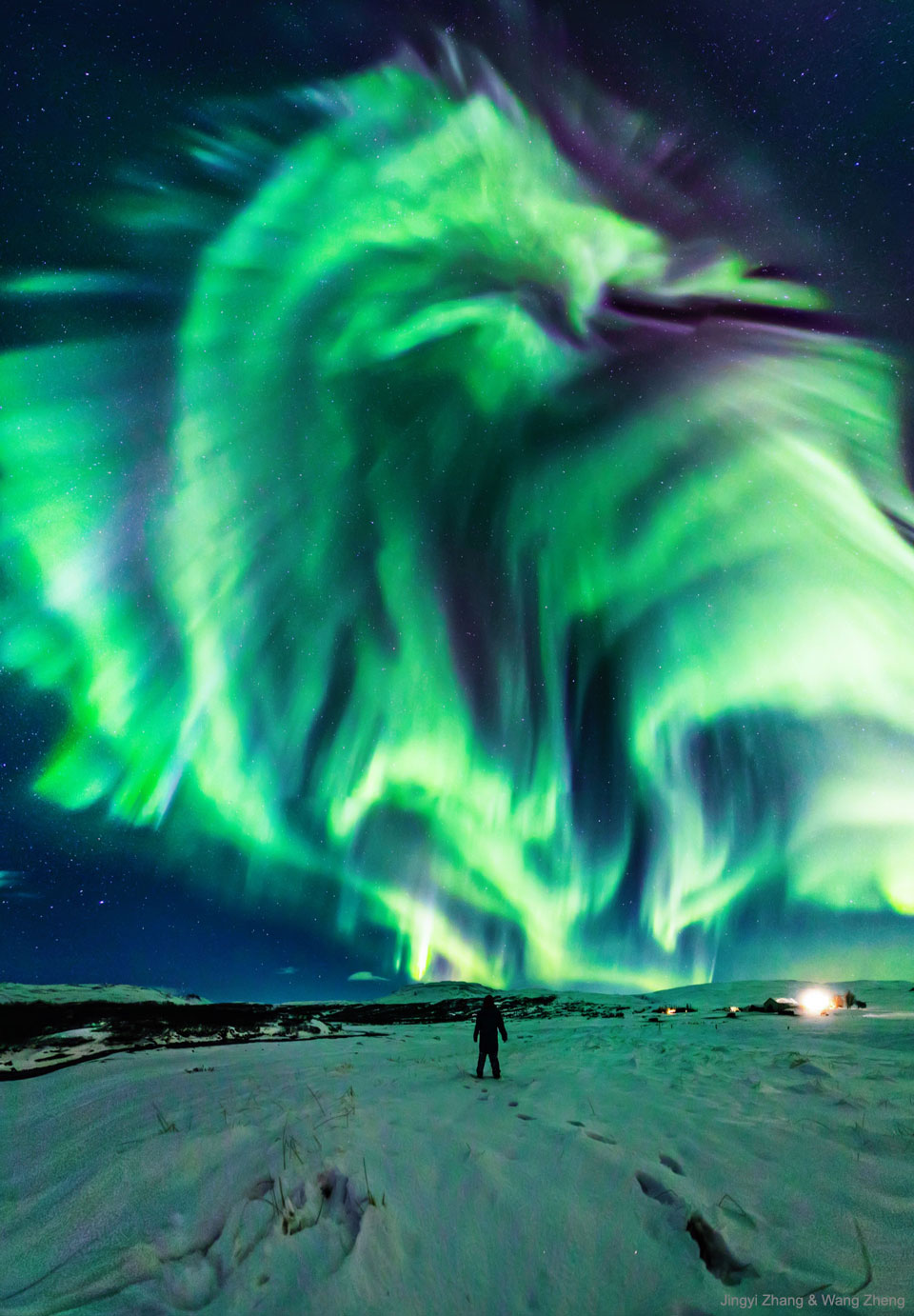 Na zdjęciu osoba stoi na śniegu i patrzy w rozgwieżdżone niebo,
na którym widoczna jest wielka zielona zorza polarna, przypominająca kształtem
smoka. Zobacz opis. Po kliknięciu obrazka załaduje się wersja
o największej dostępnej rozdzielczości.