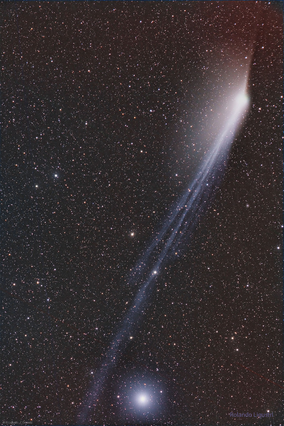 A dark star filled sky is shown with the wisps
extending the length of the image. The wisps are the 
two tails of Comet 12P. A particularly bright star is 
visible near the bottom of the frame.
Więcej szczegółowych informacji w opisie poniżej.