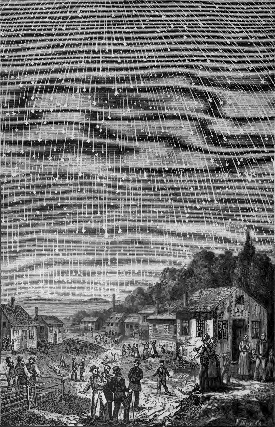 A black and white drawing shows many meteors crossing
the sky above a small town with many people outside watching.
Więcej szczegółowych informacji w opisie poniżej.