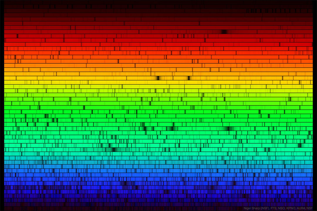 Colors from red at the top to blue at the bottom 
occupy this spectral image. In the midst of the colors
are some dark spots indicating missing colors. 
Więcej szczegółowych informacji w opisie poniżej.