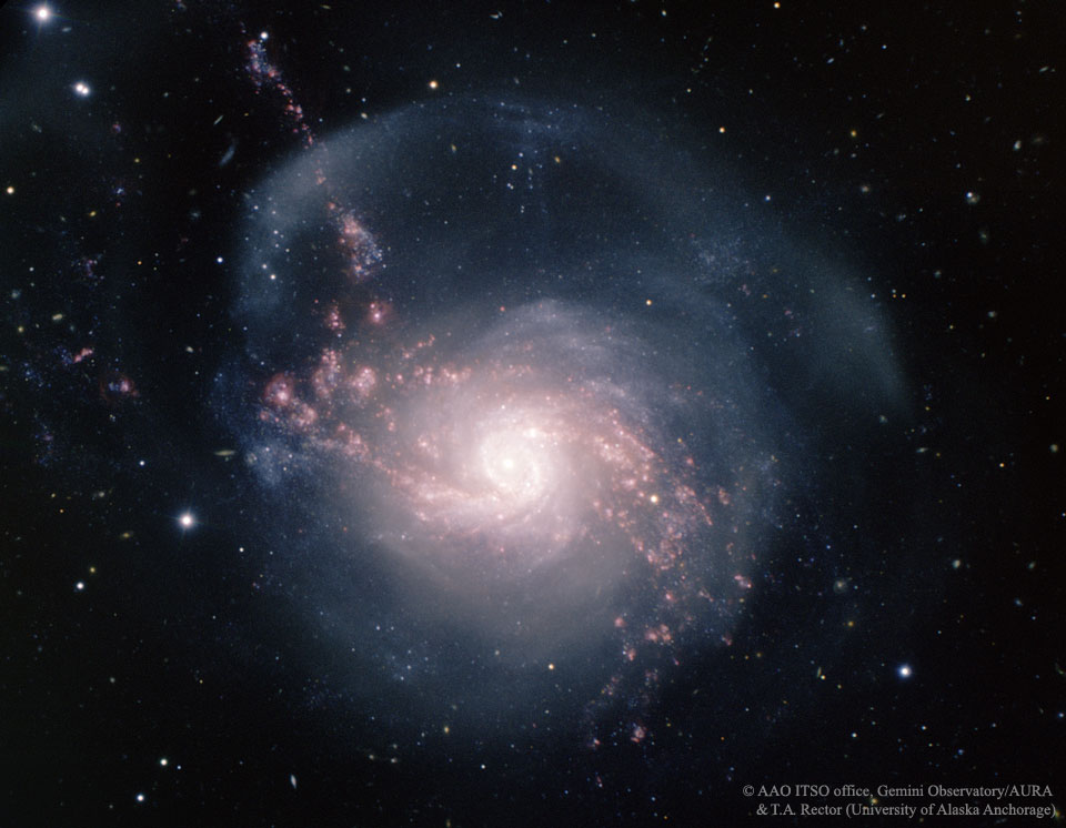 A starfield has a spiral galaxy in the center. Around the 
galaxy is a light blue faint halo. One of the spiral arms
juts out at about 11 o'clock. The galaxy center is red, white,
and quite bright. 
Więcej szczegółowych informacji w opisie poniżej.